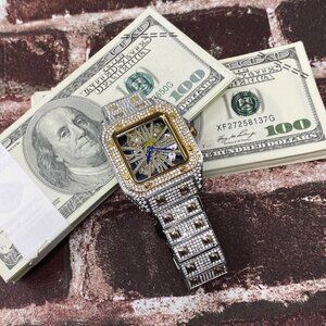 Iced Out Hip Hop Quartz Tank Skeleton Style Stainless Gold Diamond Watch 43MM